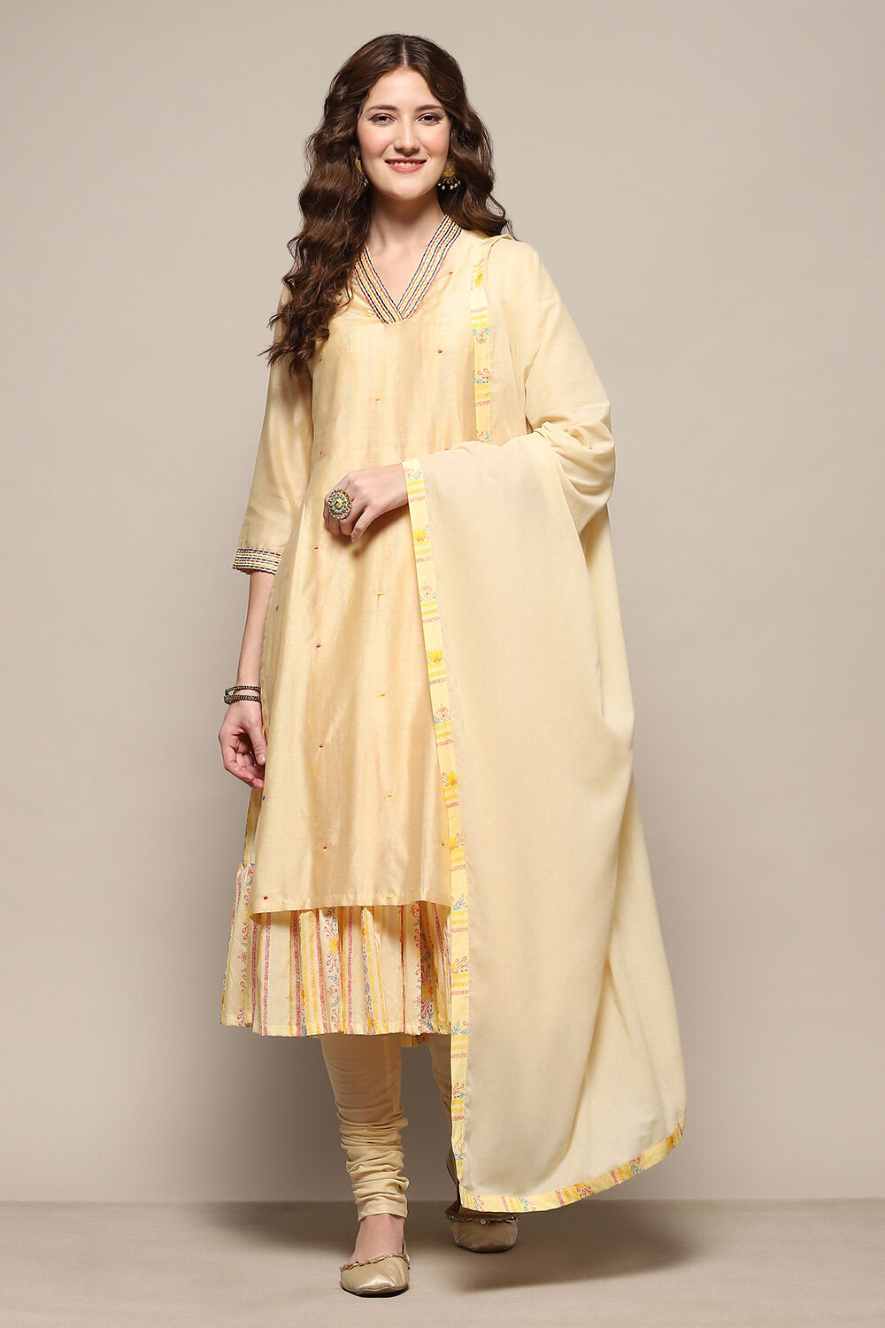 Beige Cotton Blend Embroidered Layered Suit Set image number 7