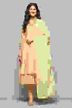 Beige Cotton Blend Embroidered Layered Suit Set image number 7