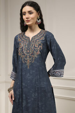 Teal Blue Blended Straight Printed Suit Set image number 1