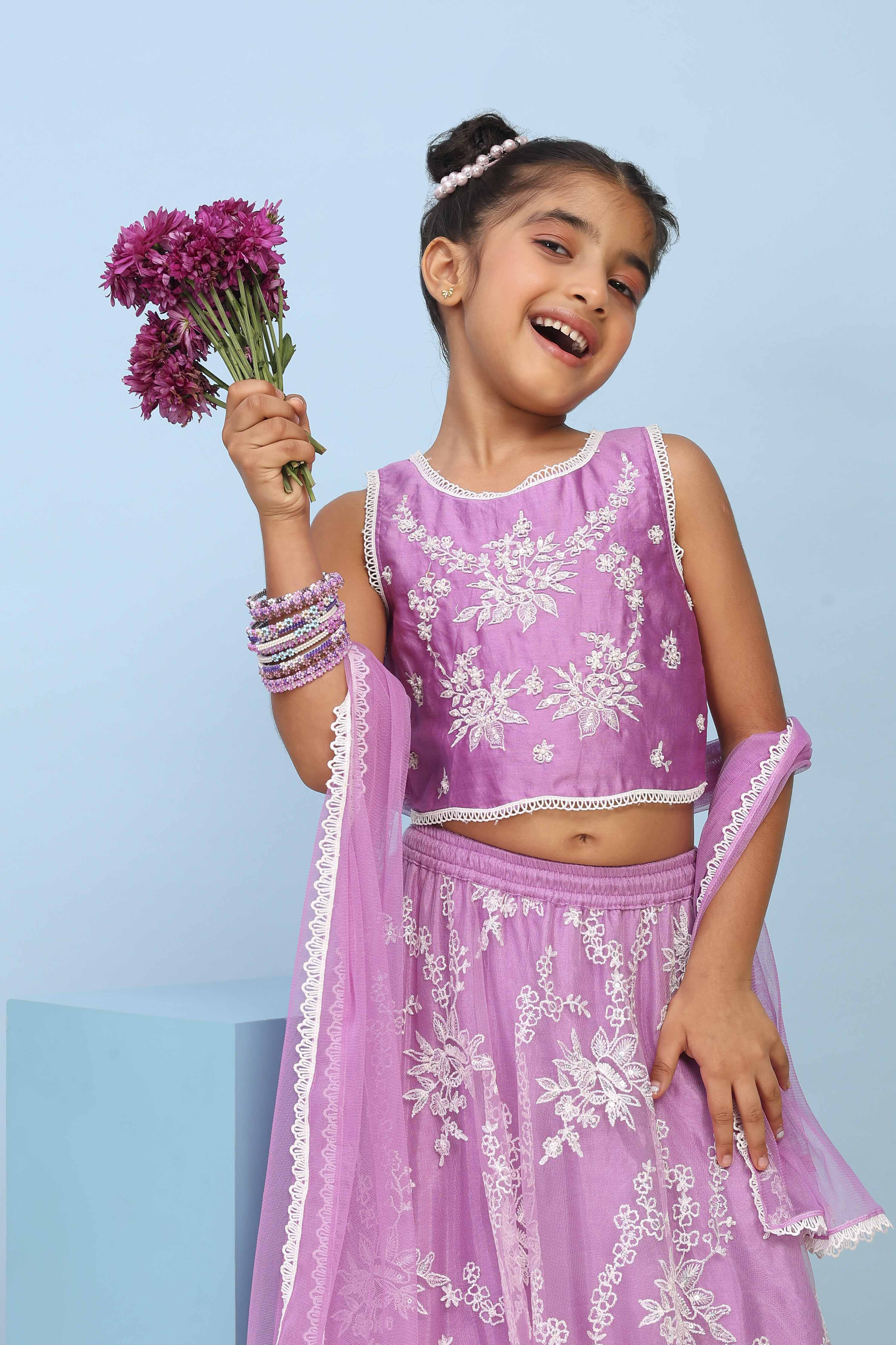 Purple Silk Chanderi Embroidered Regular Lehenga Set image number 7