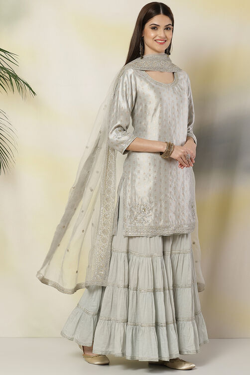 Powder Blue Poly Metallic Straight Suit Set image number 6