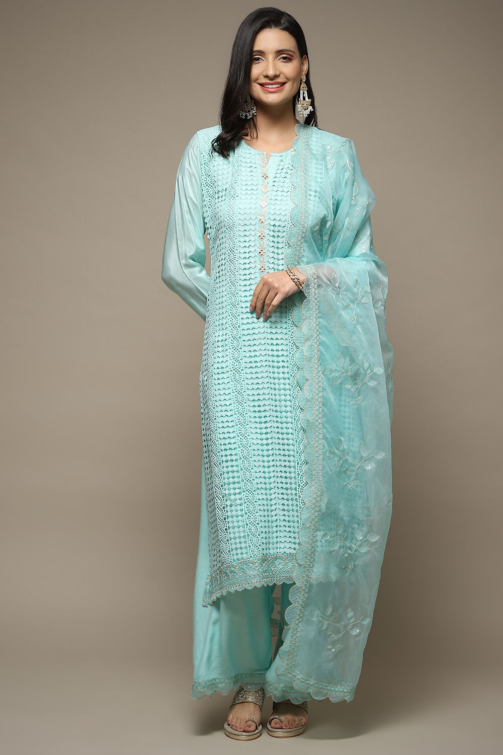 Light Green Muslin Lace Unstitched Suit Set image number 8