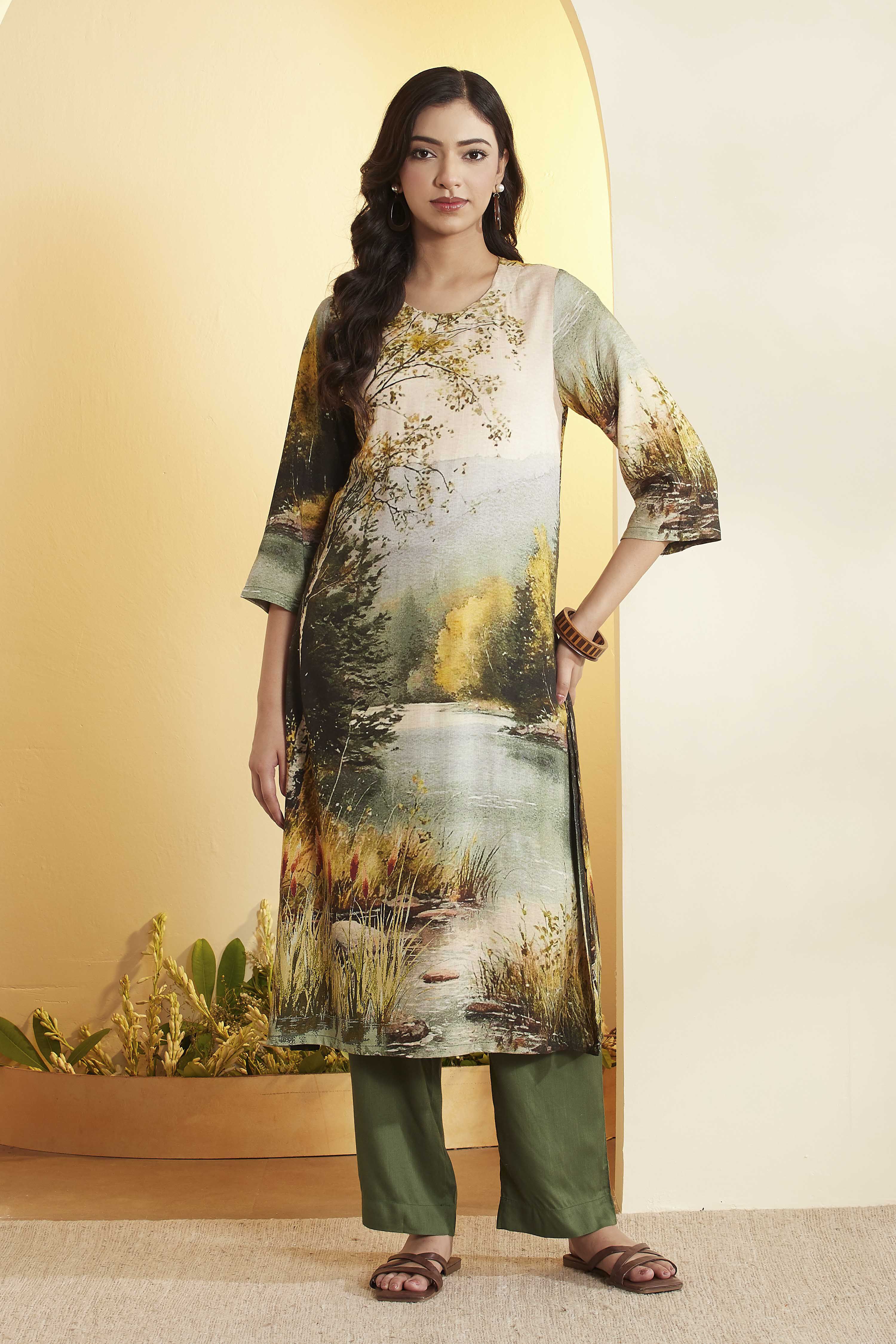Beige Rayon Slub Straight Kurta Pants Set image number 6
