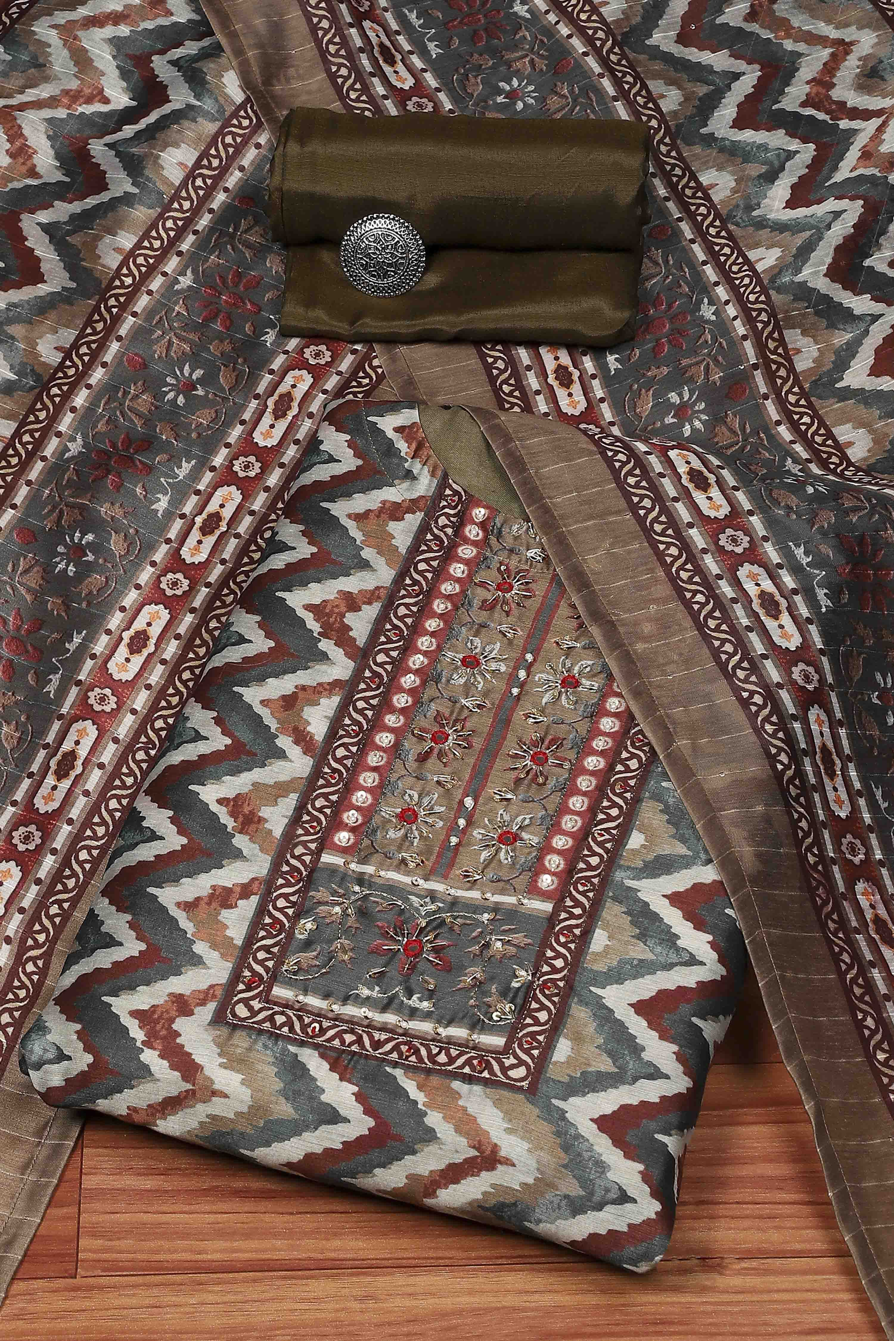 Green Chanderi Blend Printed Embroidered Unstitched Suit Set image number 0