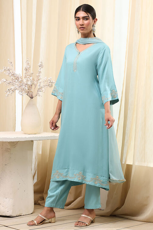 Dull Blue Solid A-Line Suit Set image number 3