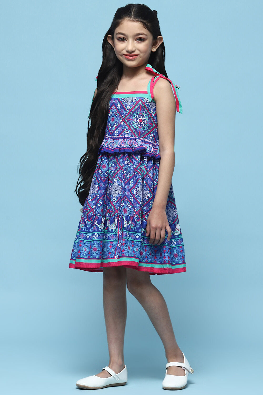 Blue Mosaic Printed Cotton Shoulder Tie Up Dress image number 2