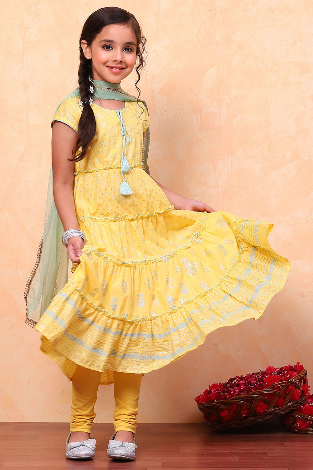 Yellow Cotton Printed Tiered Festive Flared Suit Set image number 0