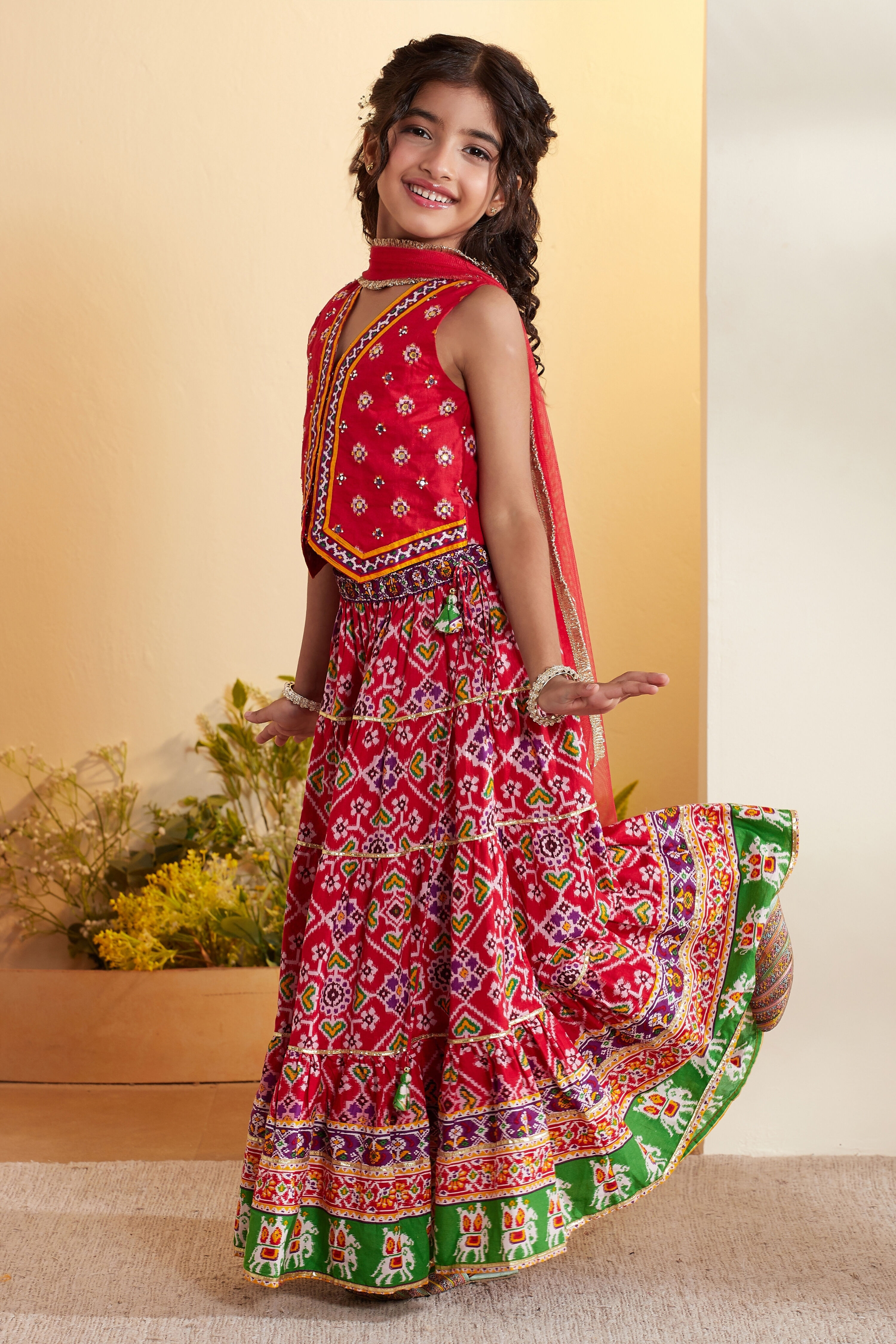 Red Cotton Printed Tiered Lehenga Set image number 3