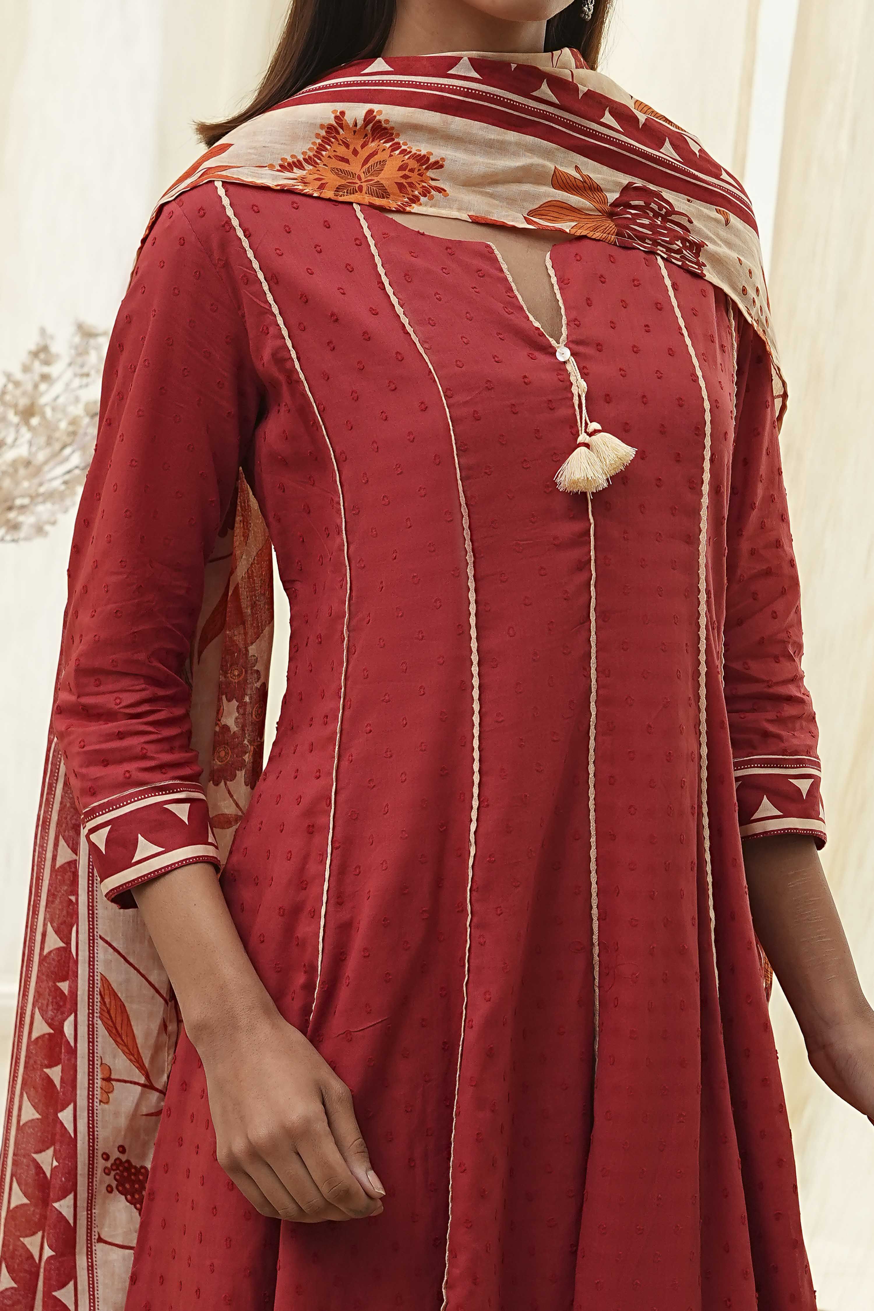 Rust Cotton Yarn-Dyed Kalidar Suit Set image number 1