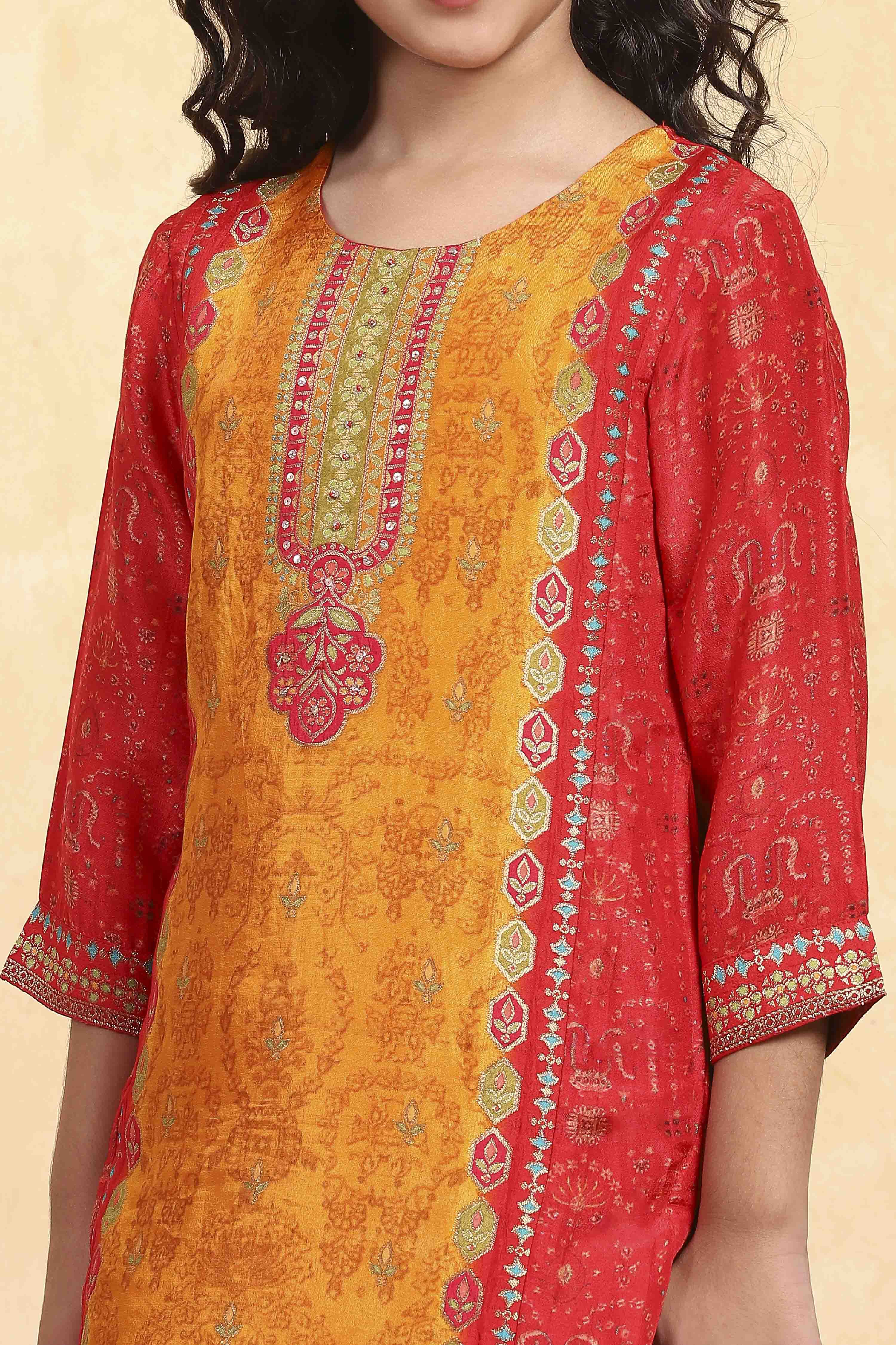 Mustard Yellow and Red Printed Straight Suit Set image number 1