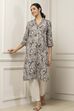 Grey & White Cotton Floral Printed Straight Kurta