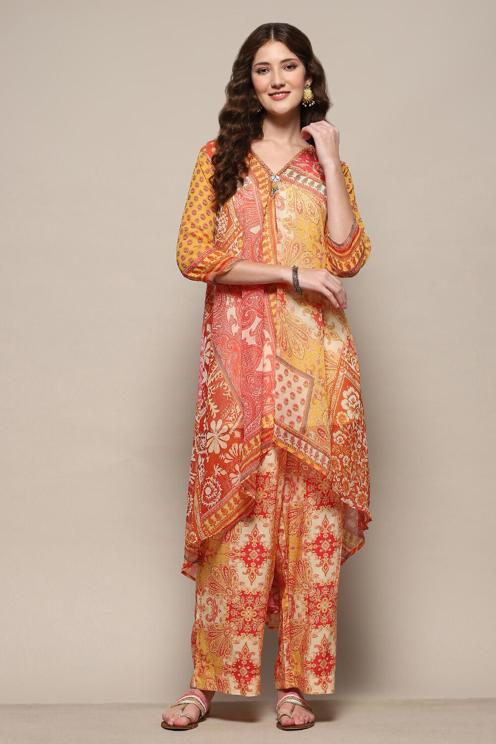 Yellow Printed Asymmetric Kurta & Palazzo Suit Set image number 6
