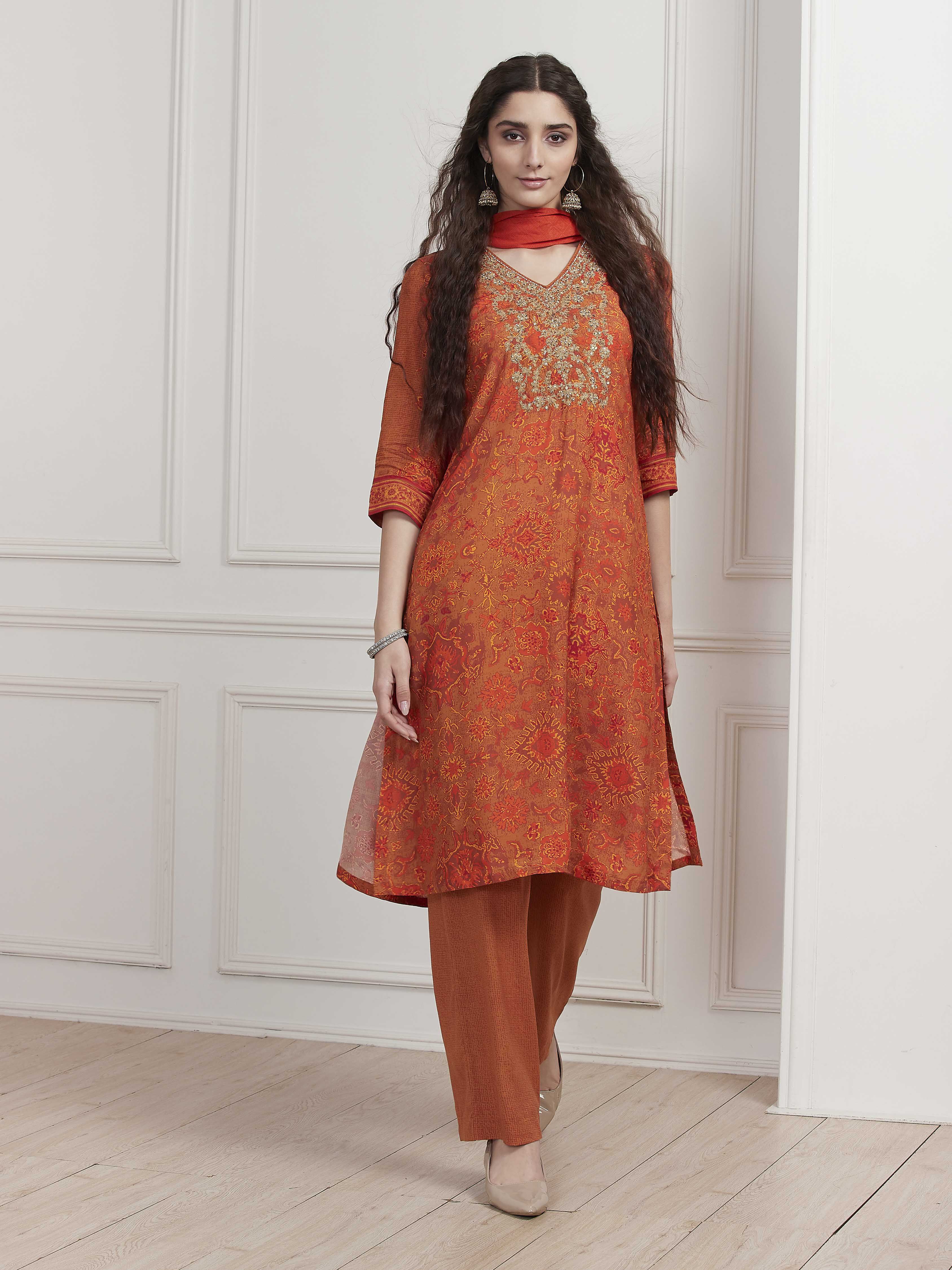 Orange Modal Printed Straight Suit Set image number 6