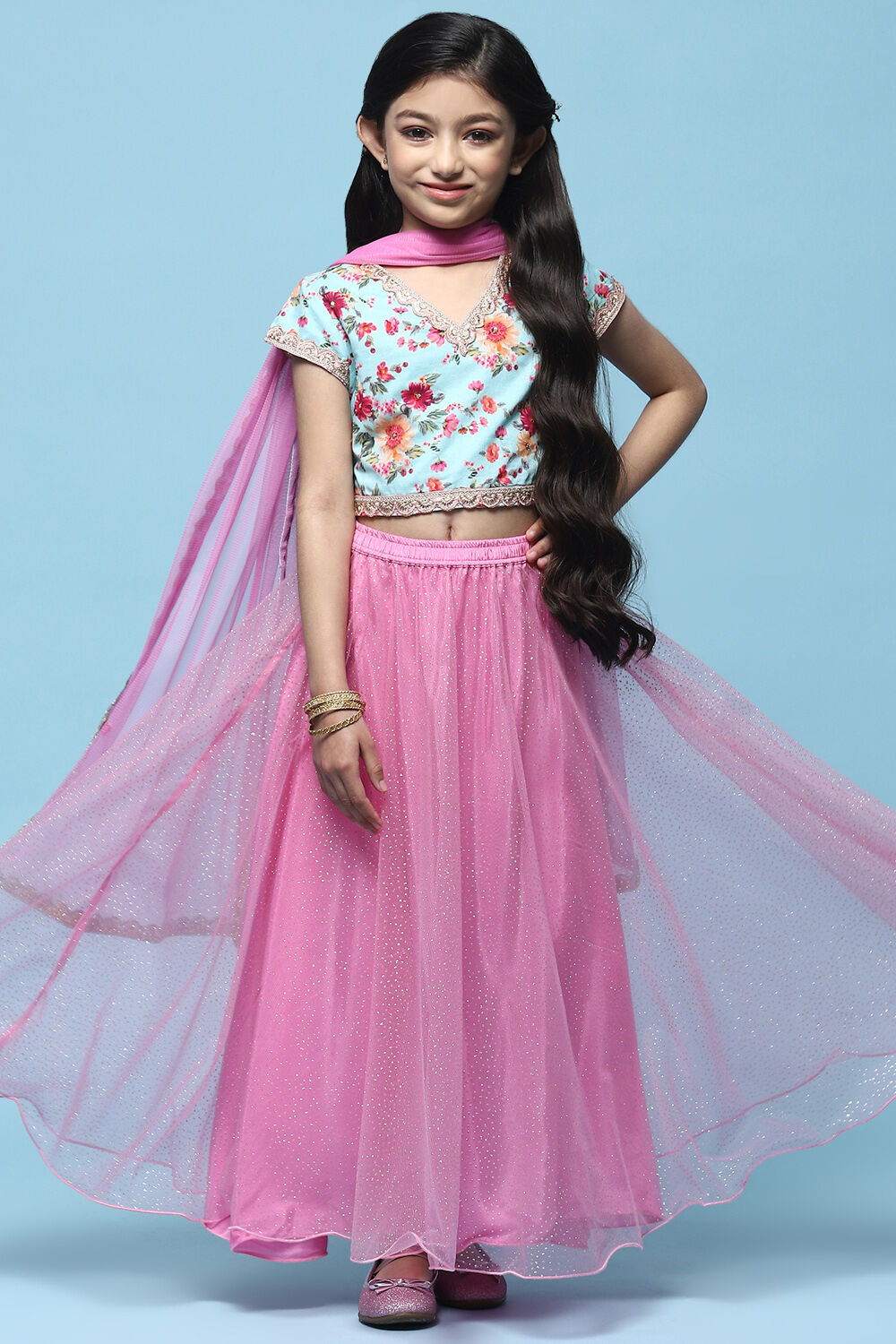 Blue Cotton Printed Blouse With Net Lehenga & Net Dupatta image number 0