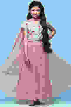 Blue Cotton Printed Blouse With Net Lehenga & Net Dupatta image number 0