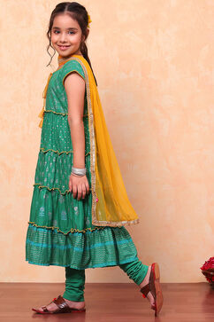 Green Cotton Printed Tiered Festive Flared Suit Set image number 4