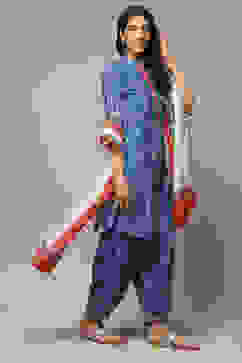 Blue Cotton Straight Kurta Cross Yoke Salwar Suit Set image number 6