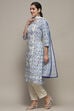 Off-White and Blue Cotton Floral Straight Suit Set image number 4
