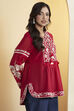 Red Cotton Silk Embroidered Full Sleeve Kurti image number 3