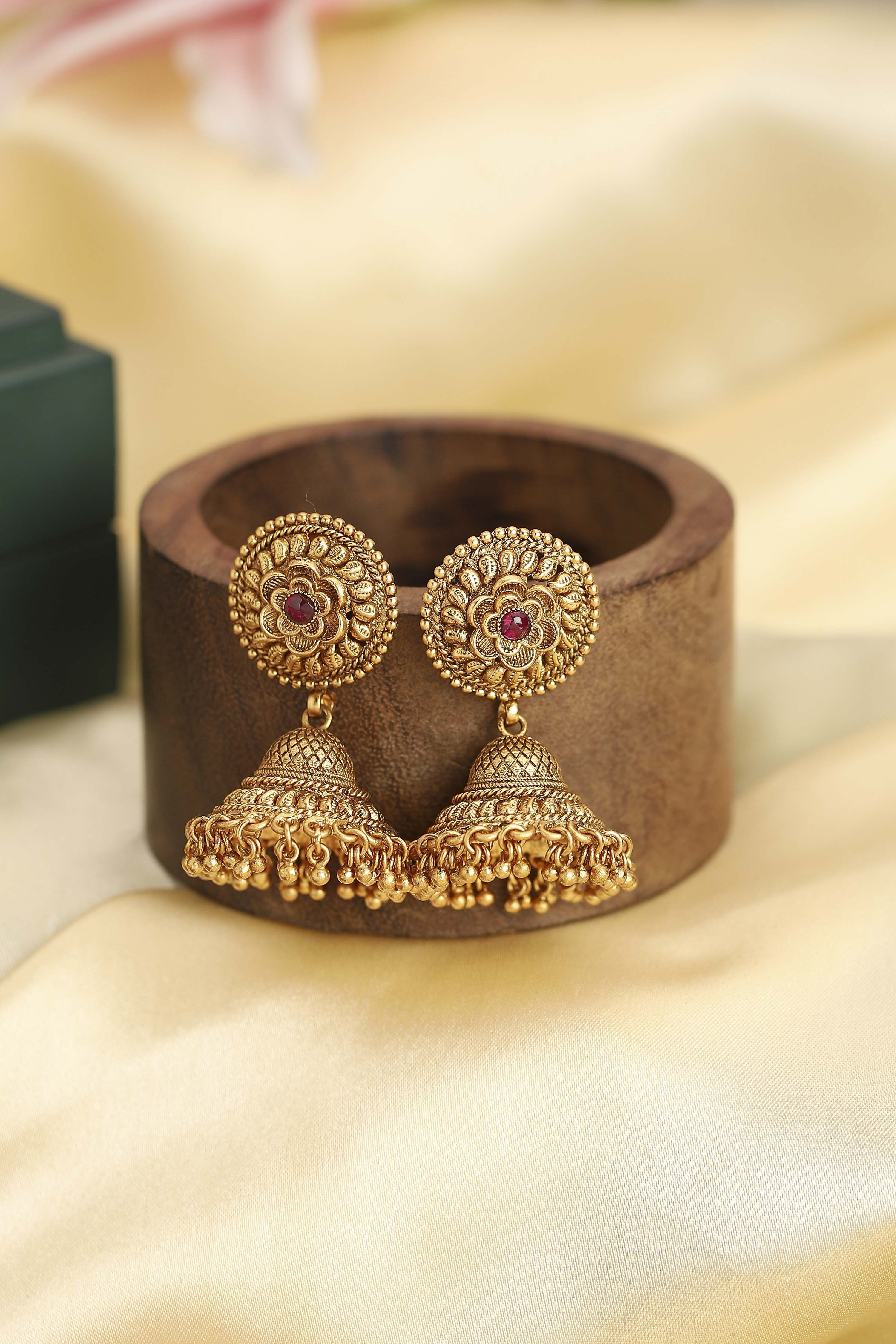 Red Gold Plated Minimal Stone Studded Jhumkas image number 0