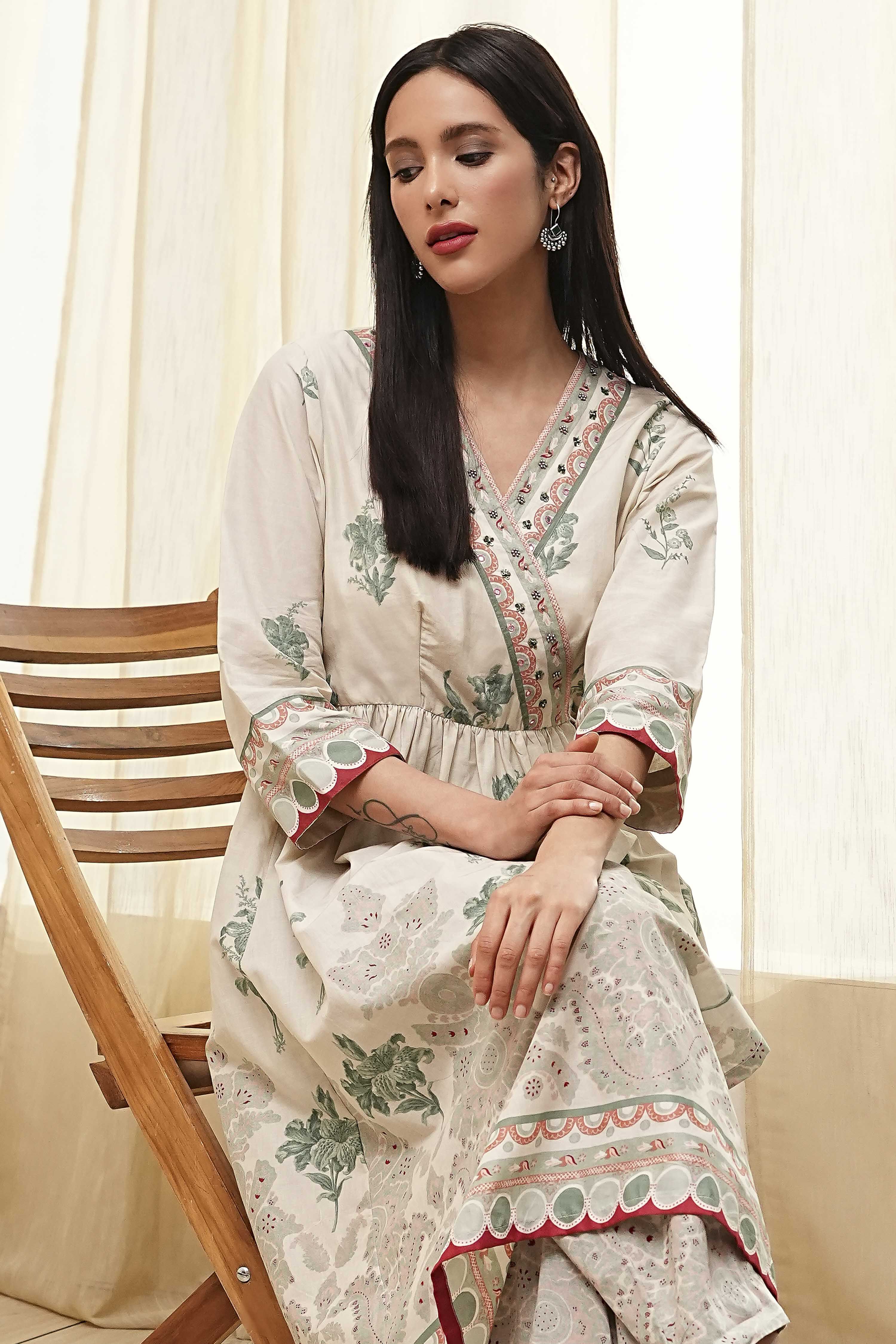 Beige and Green Cotton Angrakha Anarkali Kurta Set image number 0