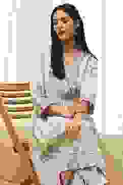 Beige and Green Cotton Angrakha Anarkali Kurta Set image number 0