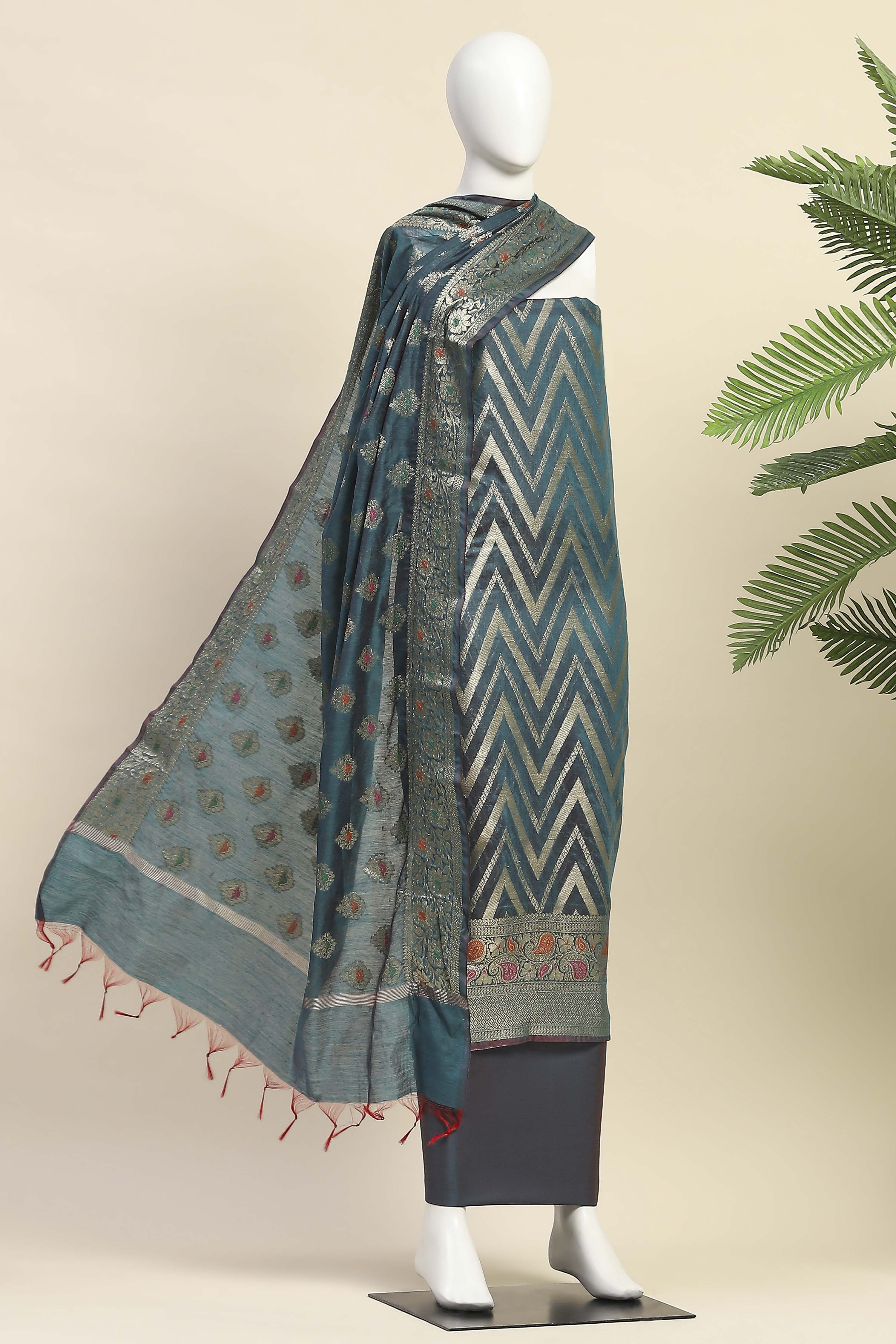 Teal Cotton Printed Embroidered Unstitched Suit Set image number 4