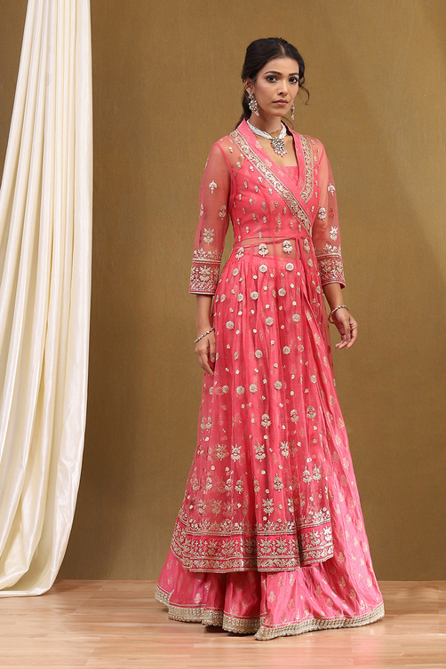 Coral-Pink Polyester Blend Anarkali Lehenga Set image number 6