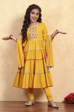Yellow Cotton Tiered Solid Suit Set image number 0