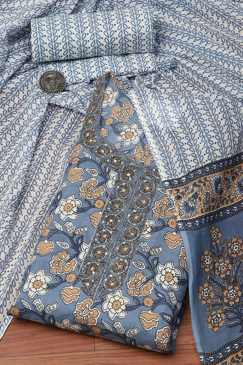 Indigo Cotton Hand Block Print Unstitched Suit Set image number 9