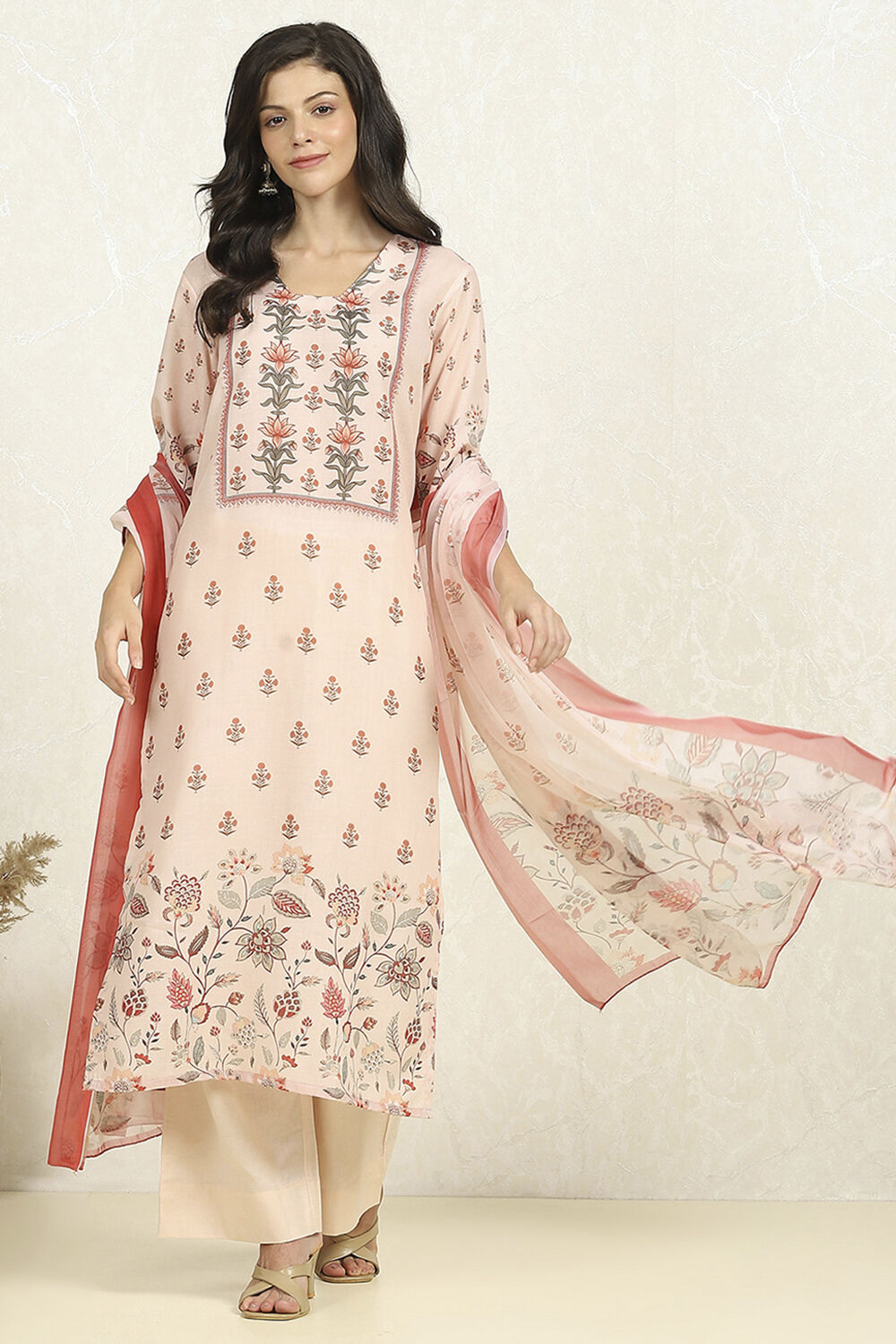 Cream-Colored Cotton Digital Printed Unstitched Suit Set image number 1