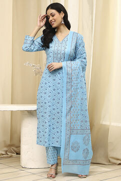 Blue Cotton Screen Print Unstitched Suit Set image number 7