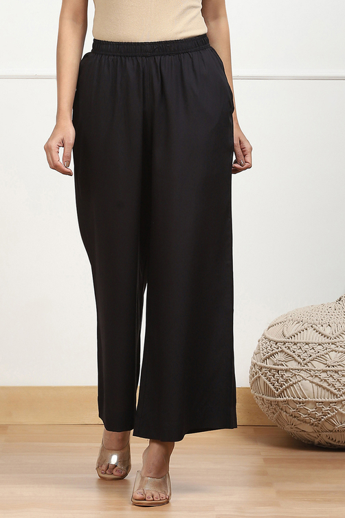 Navy Blue Viscose Solid Straight Palazzos image number 4