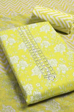 Lime Green Cotton Floral Printed Unstitched Suit Set image number 1