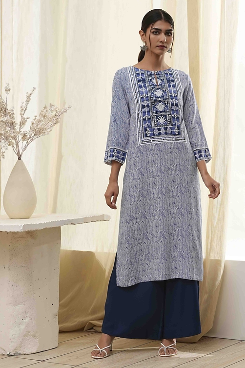 Beige Printed Straight Kurta image number 5