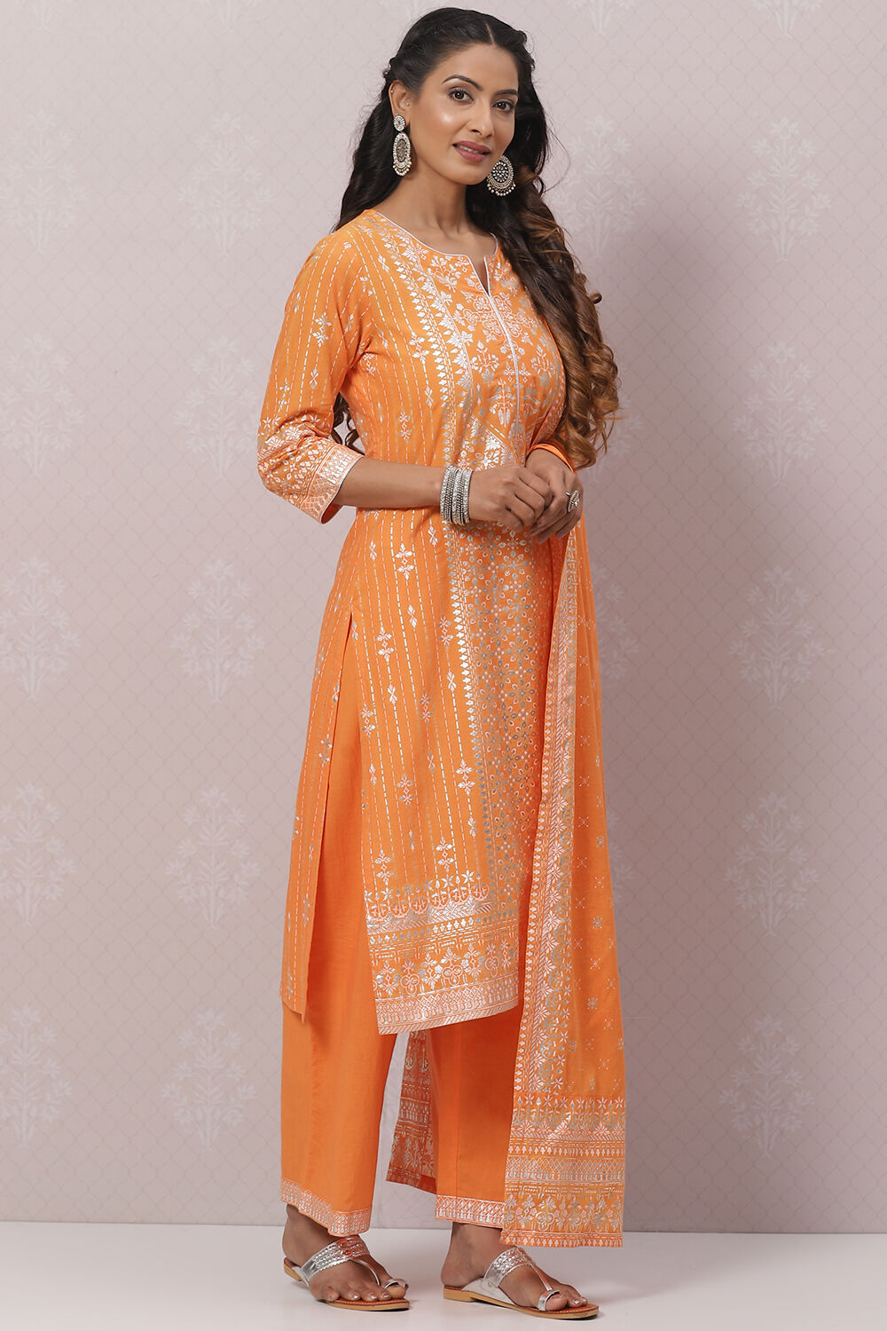 Orange Cotton Straight Kurta Palazzo Suit Set image number 6