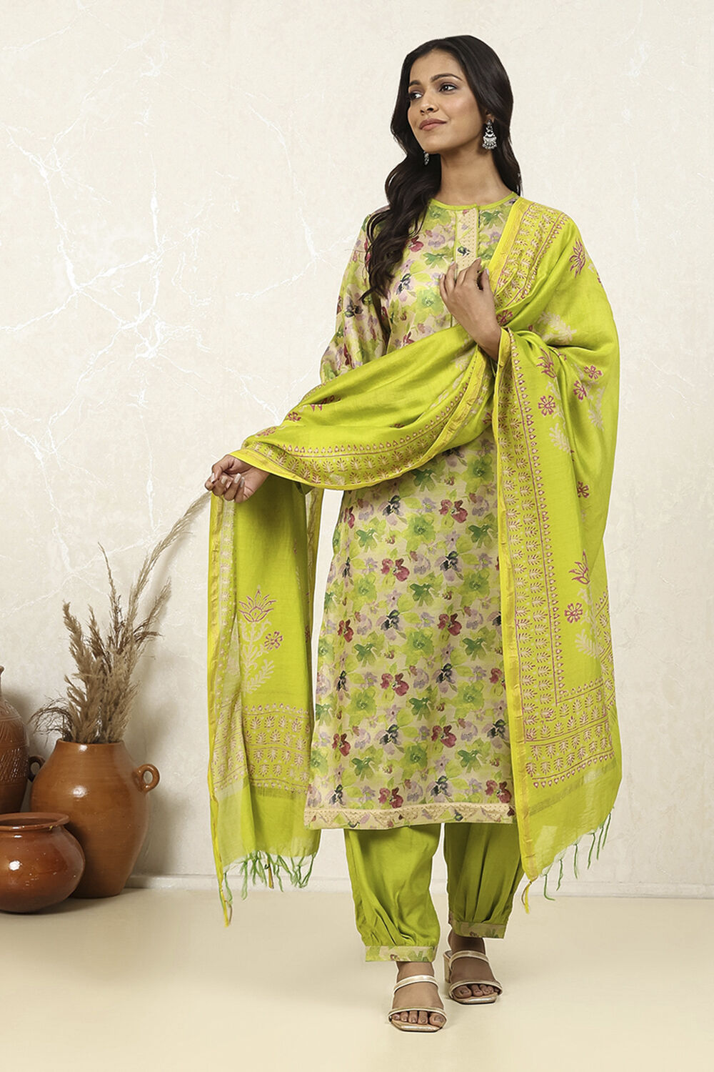 Green Cotton Hand Block Print Unstitched Suit Set image number 1