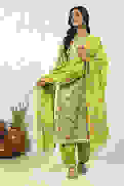 Green Cotton Hand Block Print Unstitched Suit Set image number 1