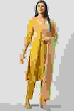 Yellow LIVA Straight Kurta Slim Pant Suit Set image number 0