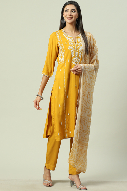 Yellow LIVA Straight Kurta Slim Pant Suit Set image number 0