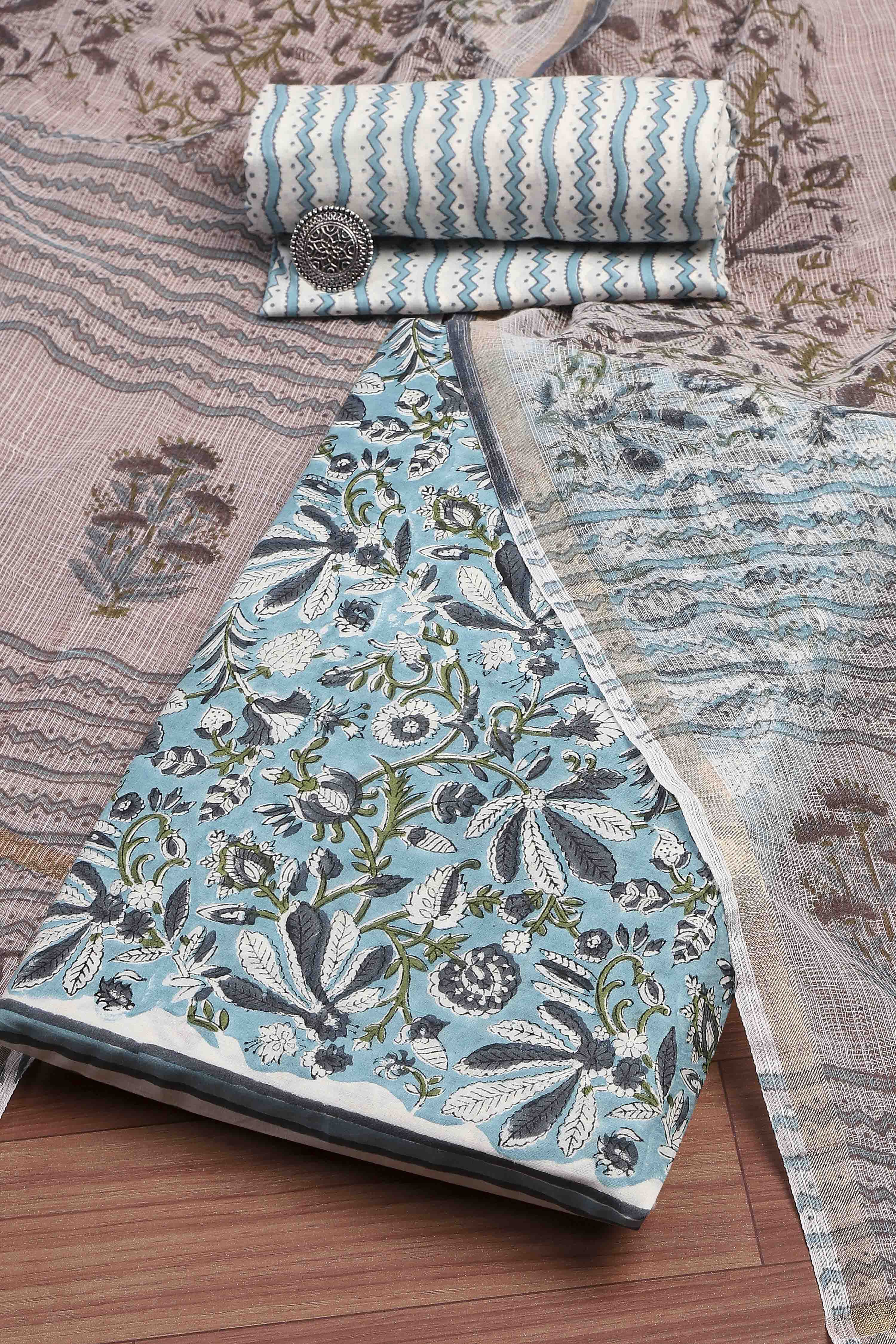 Sky Blue Cotton Hand Block Print Unstitched Suit Set image number 0