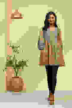 Beige Cotton Printed Flared Kurti image number 0