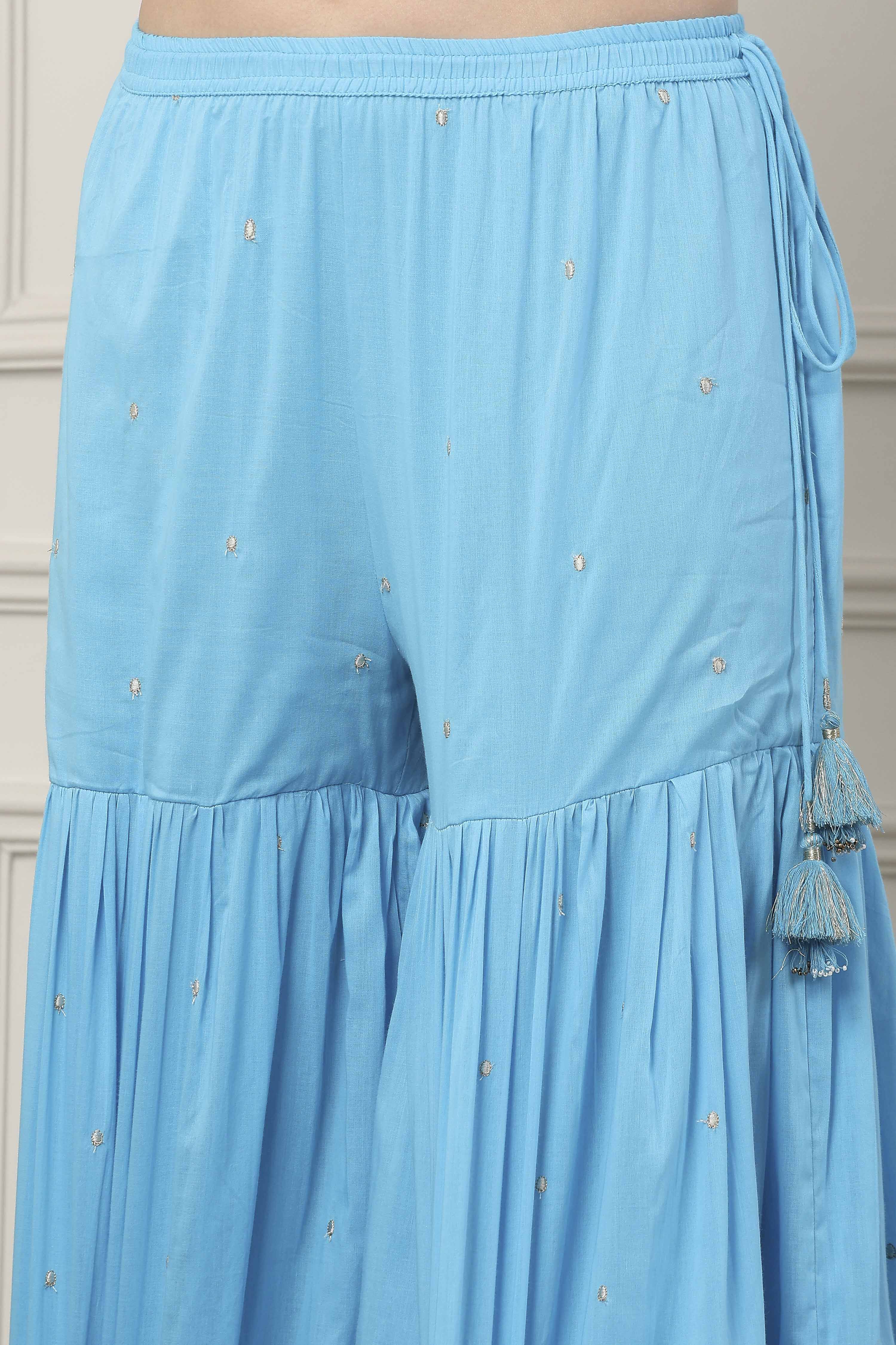 Blue Silk Chanderi Yoke Embroidered Straight Suit Set image number 2