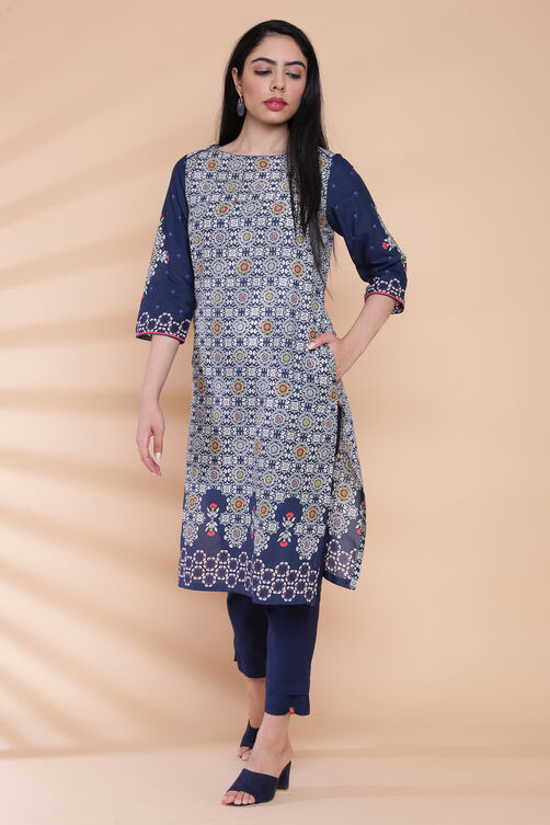 Navy Blue Cotton Straight Printed Kurta image number 4
