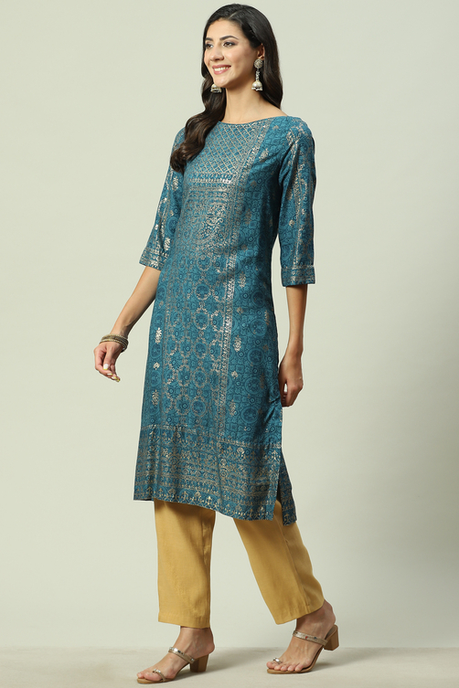 Rust Rayon Straight Printed Kurta image number 2