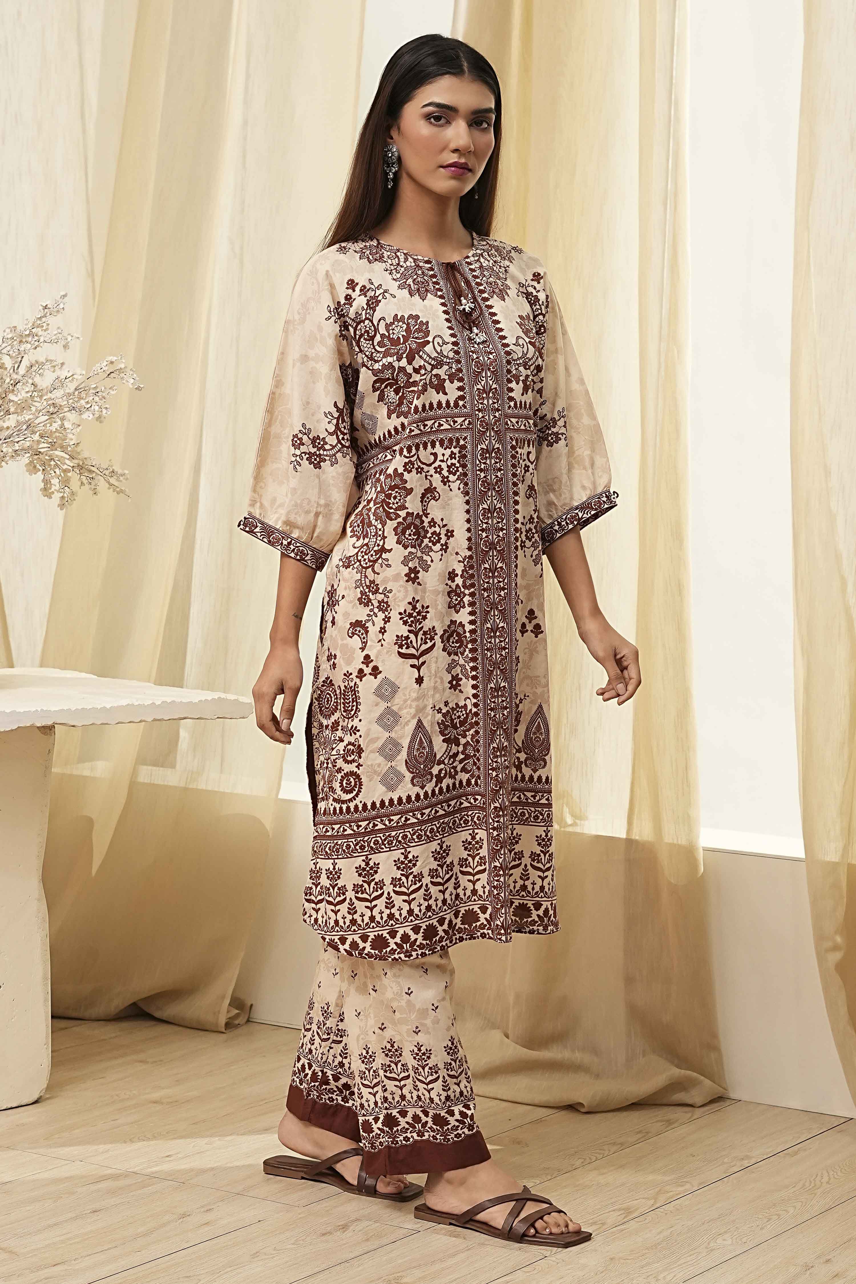 Beige and Brown Pure Cotton Printed Kurta Set image number 5