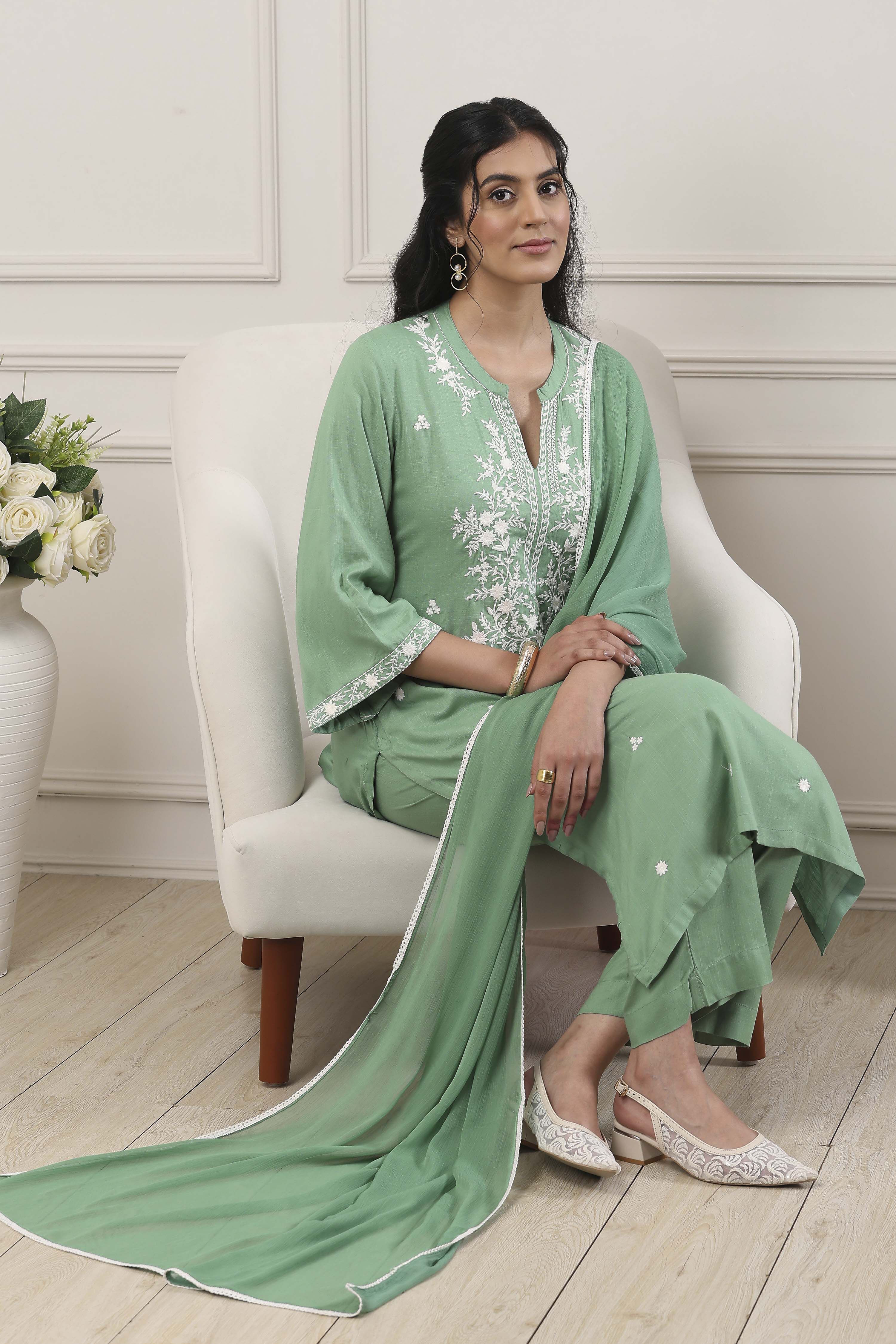 Green Viscose Rayon Straight Suit Set image number 0