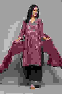 Beige Poly Chanderi Kalidar Printed Kurta Palazzo Suit Set image number 0