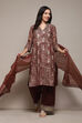 Beige Poly Chanderi Kalidar Printed Kurta Palazzo Suit Set