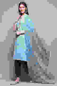 Marine Blue Printed Cotton Straight Suit Set image number 0